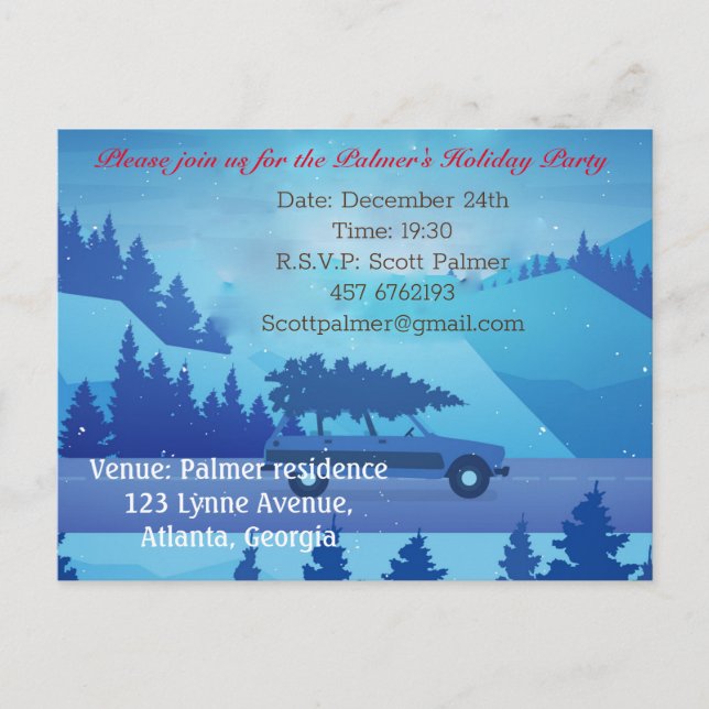 Postal De Invitación Conducción por la carretera con un árbol de navida (Anverso)