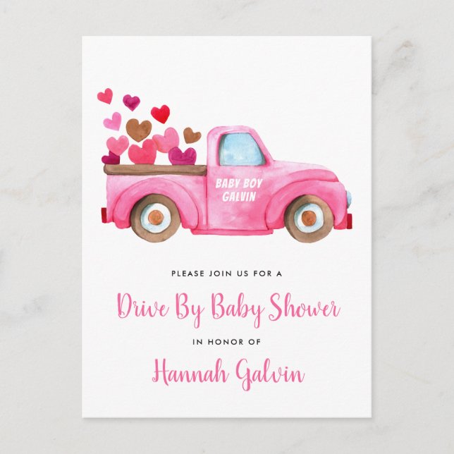 Postal De Invitación Conducido Por Baby Shower Pink Truck Hearts (Anverso)