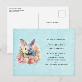 Postal De Invitación Conejo con una Guirnalda de Rosas Cumpleaños Diver