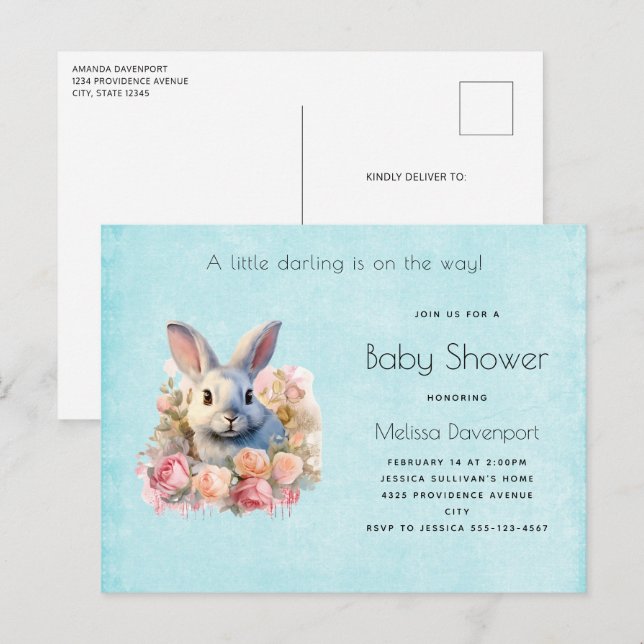 Postal De Invitación Conejo con una Guirnalda de Rosas Feliz Cumpleaños (Anverso / Reverso)