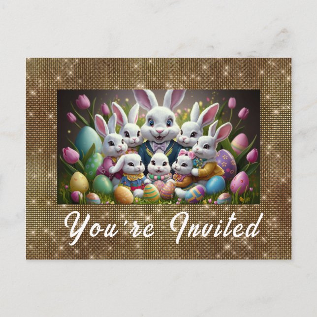 Postal De Invitación *~* Conejo Feliz de Pascua  Flores Huevos TVi (Anverso)