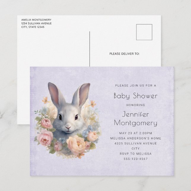 Postal De Invitación Conejo rodeado de flores pastel Cumpleaños adorabl (Anverso / Reverso)