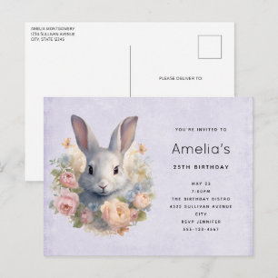 Postal De Invitación Conejo rodeado de flores pastel cumpleaños lindo