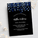 Postal De Invitación Confeti azul marino negro de cumpleaños<br><div class="desc">Moderna,  elegante e invitada. Un fondo negro decorado con un confeti azul. Personalice y agregue un nombre y detalles. Texto blanco.</div>