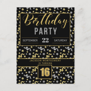 Postal De Invitación Confetti de 16 años en negro y oro
