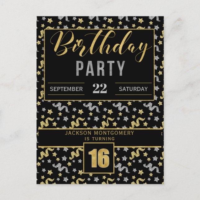 Postal De Invitación Confetti de 16 años en negro y oro (Anverso)