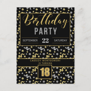 Postal De Invitación Confetti de 18 años en negro y oro