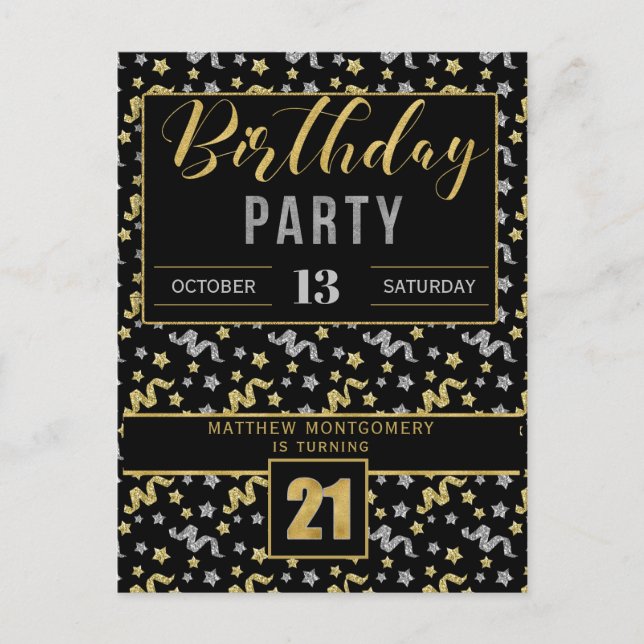 Postal De Invitación Confetti de cumpleaños 21 en negro y oro (Anverso)