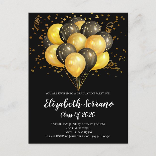 Postal De Invitación Confetti de oro y globos negros en BlackGrad (Anverso)