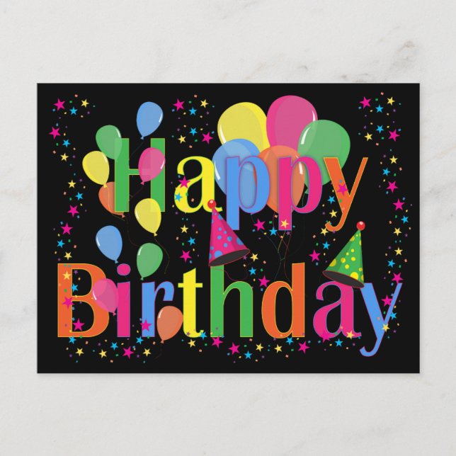 Postal De Invitación Confetti, Gorras Fiestas y globos fondo negro (Anverso)