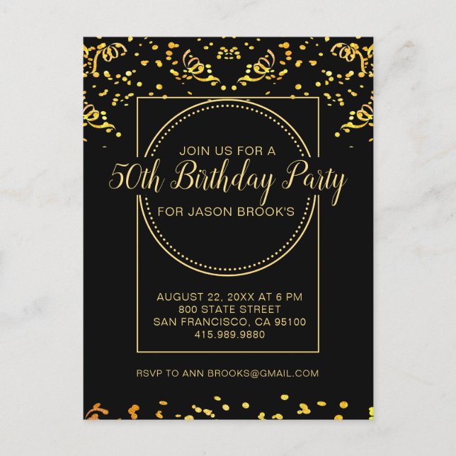 Postal De Invitación Confetti Purpurina De Oro Amarillo En Cumpleaños N (Anverso)