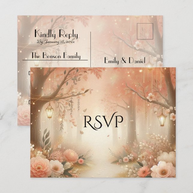 Postal De Invitación Confirmación de Boda con Farolillo del Bosque Enca (Anverso / Reverso)