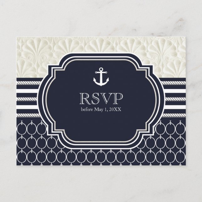 Postal De Invitación Confirmación de boda de playa elegante azul marino (Anverso)