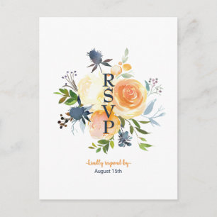 Postal De Invitación Confirmación de Boda Floral Acuarela Azul Marino y
