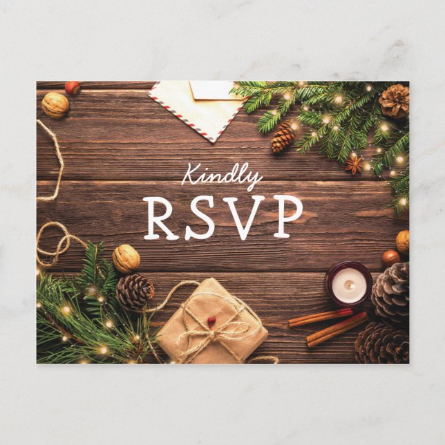 Postal De Invitación Confirmación de Navidad de invierno de madera rúst (Anverso)