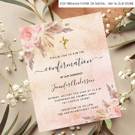 Postal De Invitación Confirmación pampas hierba rosa dorado rosado