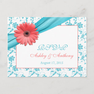 Postal De Invitación Coral Gerber Daisy Aqua Damask Floral Wedding RSVP