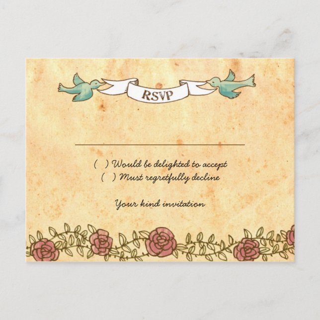 Postal De Invitación Corazón bohemio, Rosas, pájaros y Boda de pancarta (Anverso)