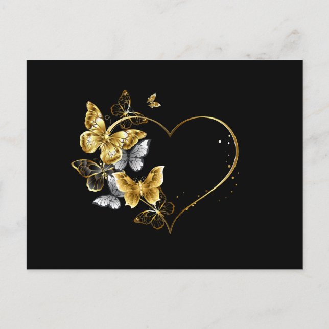 Postal De Invitación Corazón con mariposas doradas (Anverso)