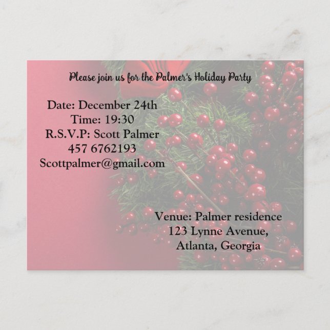 Postal De Invitación corona de Navidad con bayas rojas (Anverso)