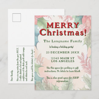 Postal De Invitación Corona de Navidad roja y verde con poinsettia