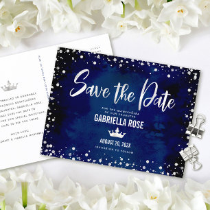 Postal De Invitación Corona de purpurina plateada y azul marino para gu