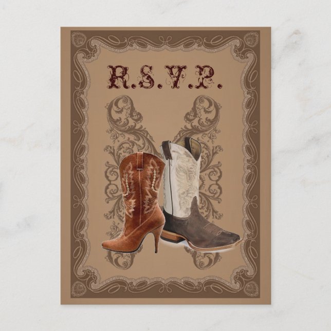 Postal De Invitación Country Cowboy Boots Western Wedding rsvp (Anverso)