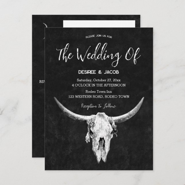 Postal De Invitación Country Western Black And White Bull Skull (Anverso / Reverso)