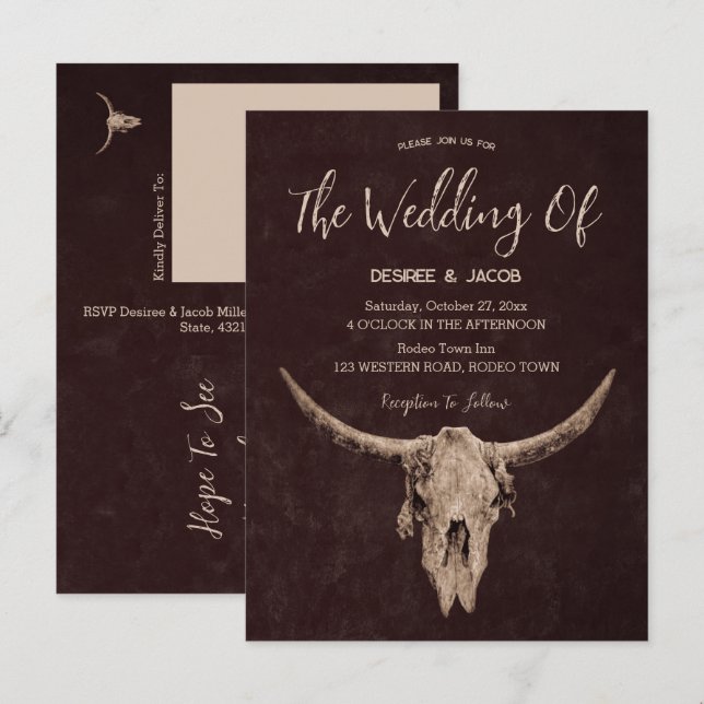 Postal De Invitación Country Western Brown Rustic Bull Skull (Anverso / Reverso)