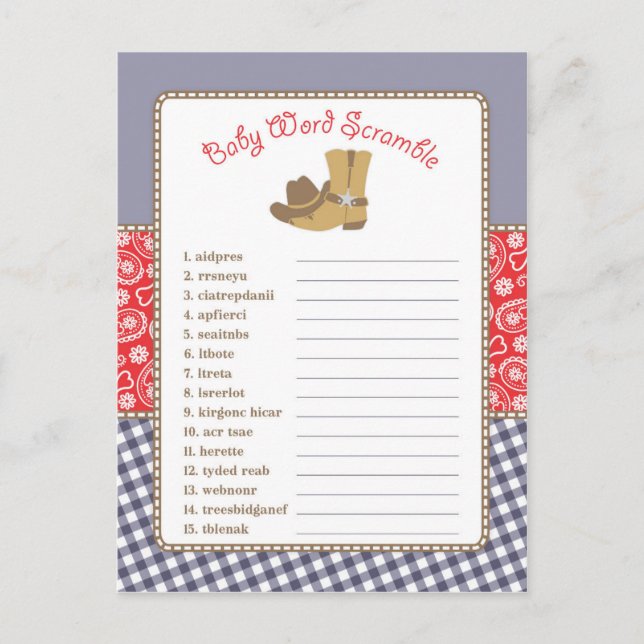 Postal De Invitación Cowboy Baby Shower Word Scramble Game (Anverso)