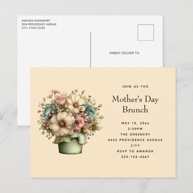 Postal De Invitación Cozy Flowers in a Planter Pot Cute Mother's Day (Anverso / Reverso)