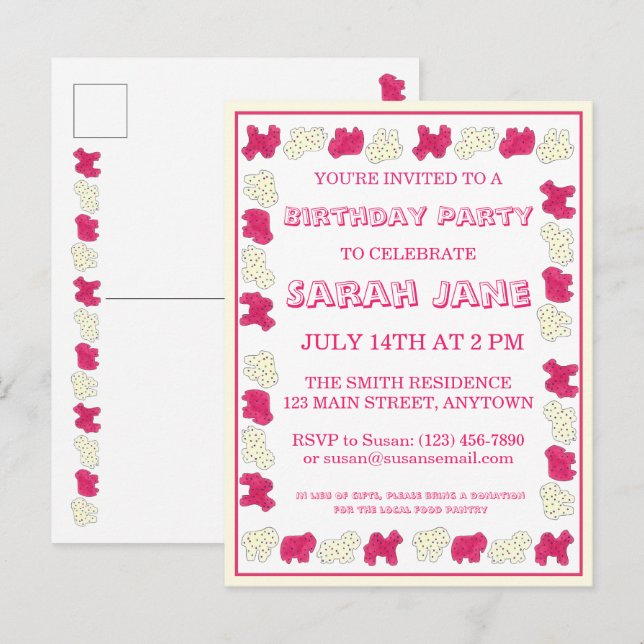 Postal De Invitación Crackers de animales rosados Cookies Fiesta de cum (Anverso / Reverso)