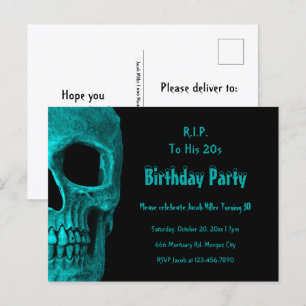 Postal De Invitación Cráneo gótico Verde azulado cumpleaños negro RIP a