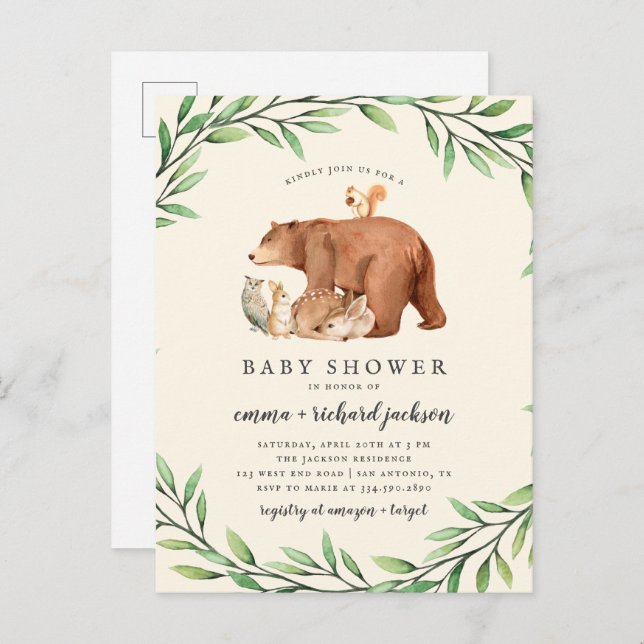 Postal De Invitación Cream Woodland Greenery Forest Animals Baby Shower (Anverso / Reverso)