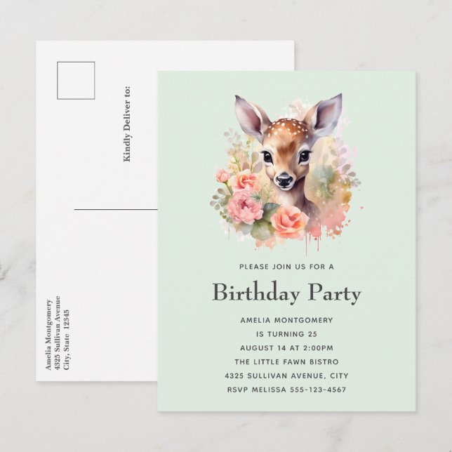 Postal De Invitación Cría De Cerfs Rodeada De Rosas Cumpleaños (Anverso / Reverso)