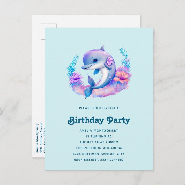 Postal De Invitación Criatura del Mar de los Delfines de Cute Cumpleaño (Anverso / Reverso)