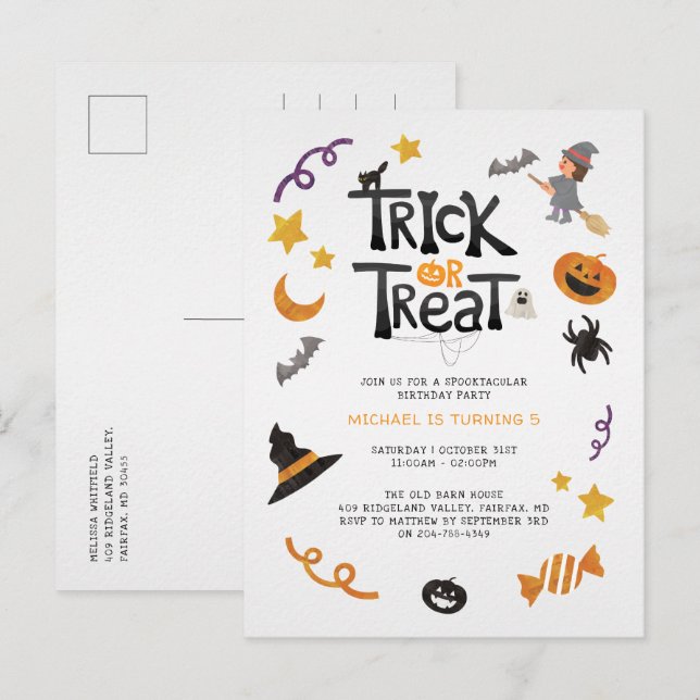 Postal De Invitación Criaturas ricas Halloween Monsters Birday Party (Anverso / Reverso)