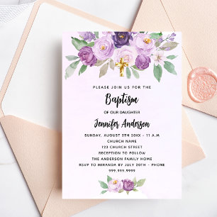 Postal De Invitación Cruce de flores violeta bautizo