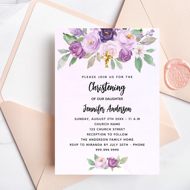 Postal De Invitación Cruz de flores violetas cristianas (Subido por el creador)