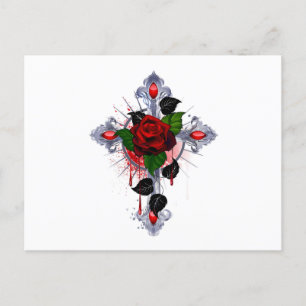 Postal De Invitación Cruz de Plata con una Rosa Roja