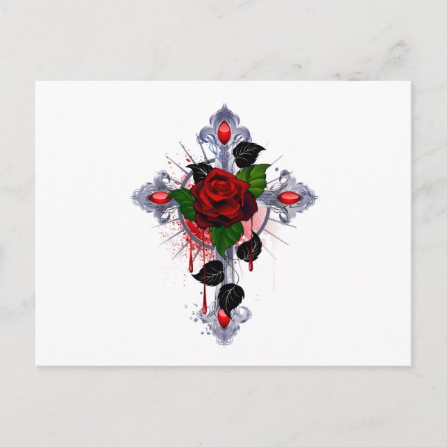 Postal De Invitación Cruz de Plata con una Rosa Roja (Anverso)