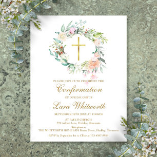 Postal De Invitación Cruz Dorada Aquarela Floral Confirmación