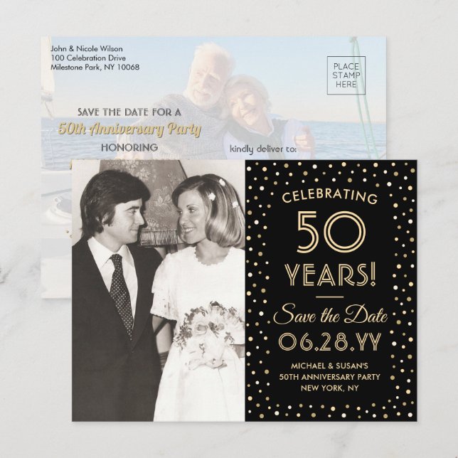 Postal De Invitación CUALQUIER Aniversario Guardar la fecha 2 Foto Negr (Anverso / Reverso)