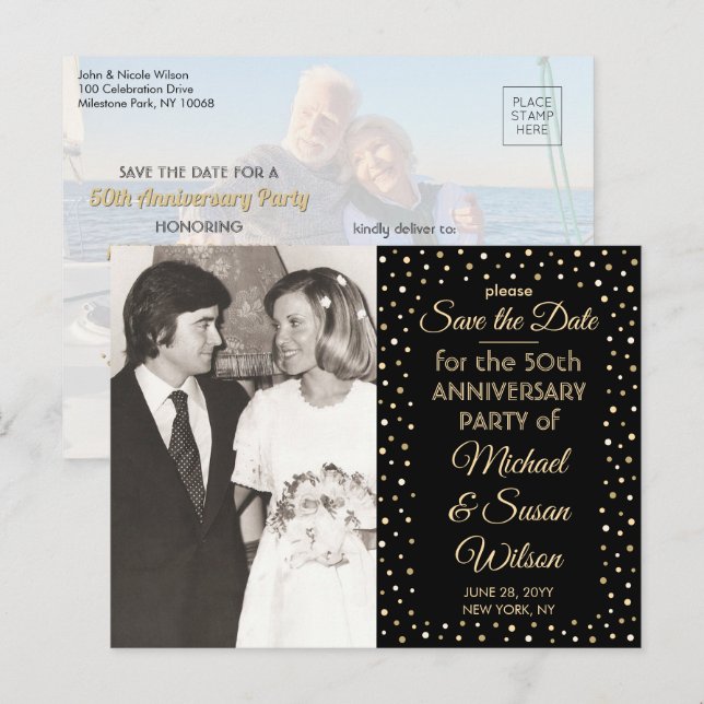 Postal De Invitación CUALQUIER Aniversario Salven la Fecha Negro y Oro  (Anverso / Reverso)