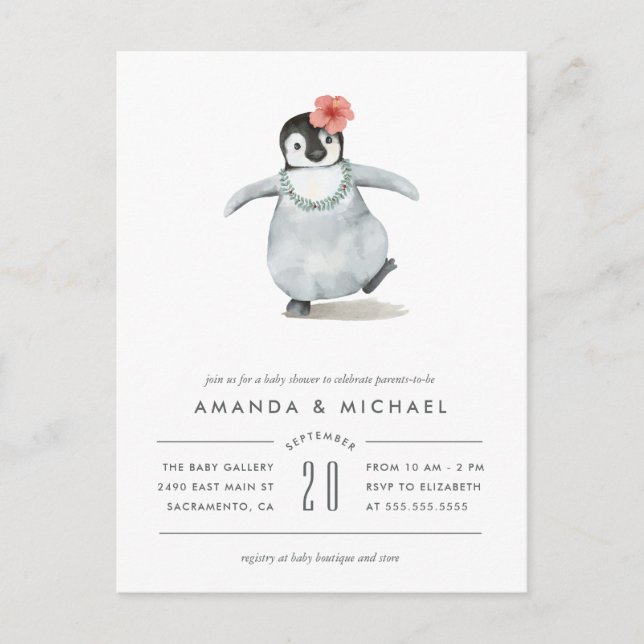 Postal De Invitación Cuidada acuarela bebé Pingüino Baby Shower (Anverso)