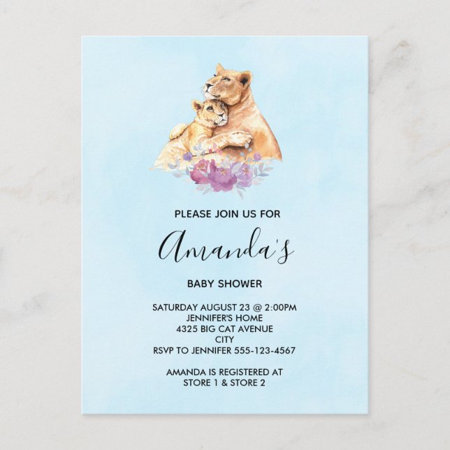 Postal De Invitación Cuidada acuarela madre león y lata Baby Shower (Anverso)