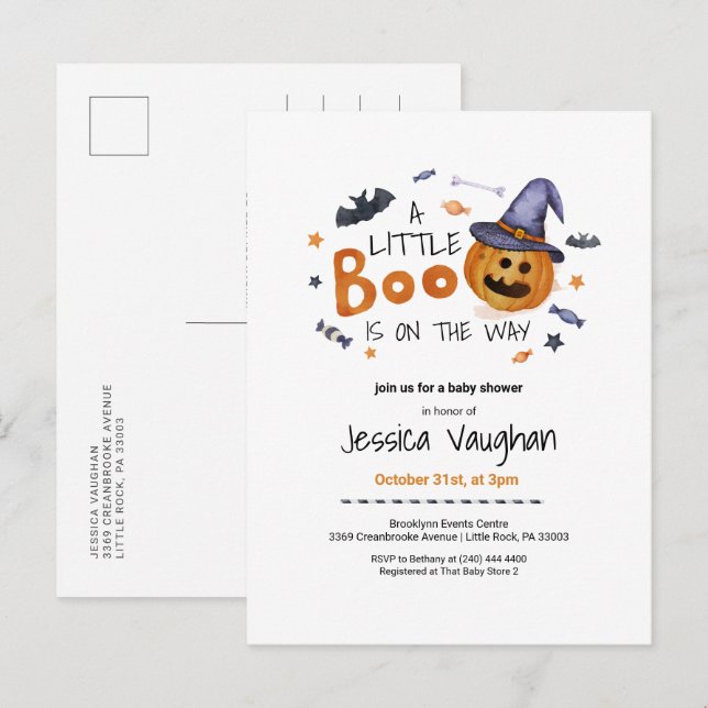 Postal De Invitación Cuidada calabaza de Halloween Pequeño Boo Baby Sho (Anverso / Reverso)