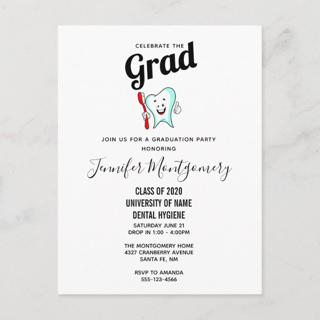 Postal De Invitación Cuidado dental Feliz Diente con Graduación de cepi (Anverso)