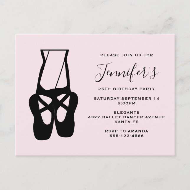 Postal De Invitación Cuidados Zapatillas de Ballet Negro En Pointe Cump (Anverso)
