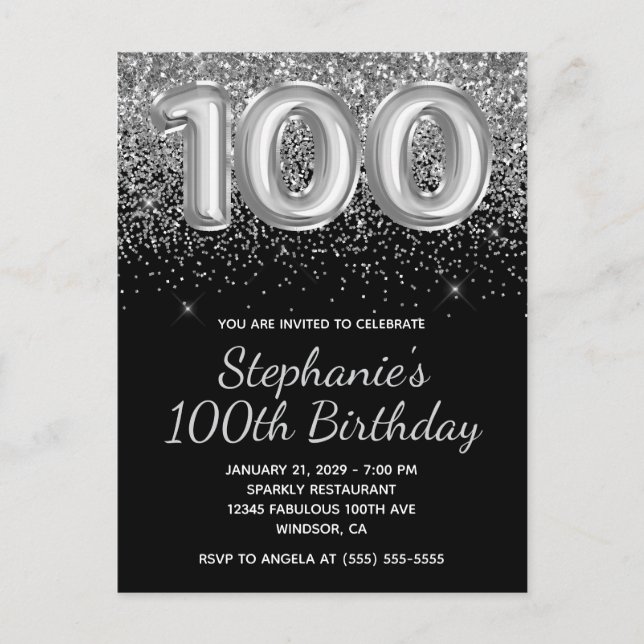 Postal De Invitación Cumpleaños 100 Brillante Plata Purpurina Negro (Anverso)